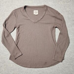 CHASER Womens Long‎ Sleeve V Neck Waffle Knit Top Casual Everyday Brown Small